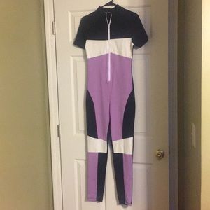 purple and white jumpsuit
